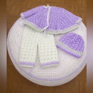 Handmade Crochet Baby Outfit Set in Purple and White